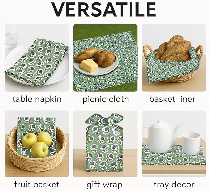 Ridhi Basil Green Hand Block Print 100% Cotton Napkins 18" x 18" (Set of 4) Reuseable Kitchen Napkins Cloth Decor Dinner Party Wedding Cocktail Gift for Spring, Easter, Valentine