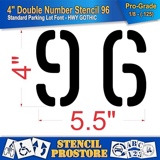 Pavement, Curb, and WheelStop Stencils - 4 inch Double Number Stencil - (96) - 4" x 5.5" x 1/8" (128 mil) - Pro-Grade
