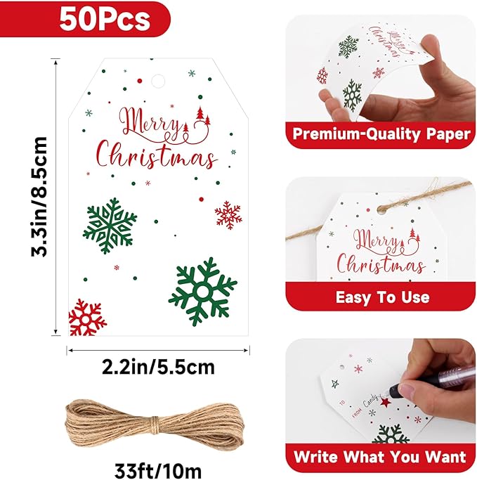 Anwyll Christmas Gift Tags with String - 50Pcs White Merry Christmas Name Tags for Gift Xmas to from Tag Have A Merry Little Christmas Tree Label Tag for Present Wrap Goodie Bags Holiday Party Favors