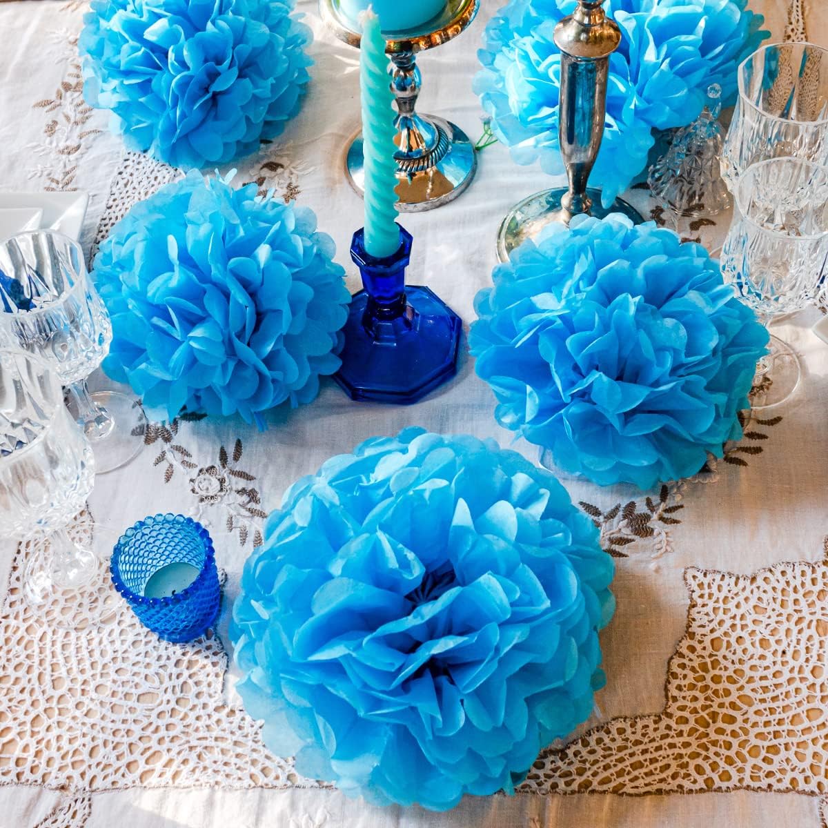 Blue Tissue Paper Pom Poms - Blue Party Decorations for Birthdays, Weddings, Baby Showers and Special Occasions by Avoseta (16 Piece Set, Assorted Sizes)