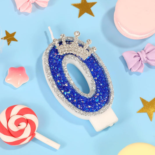 Blue Birthday Candle Crown Number 0 Candle with Sequins Cake Candles Cupcake Decorations Party Decor for Anniversary Celebrations Supplies