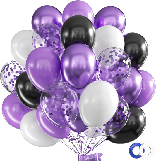 62 Pcs 12 Inch Black White Purple Balloons Arch Kit, Matte Black and White Metallic Purple Confetti Party Balloons with Ribbons for Birthday, Wedding, Baby Shower, Graduation Decorations