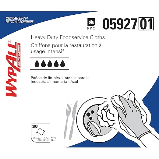 WypAll CriticalClean High Capacity Cloths Heavy Duty Foodservice Wipes (05927), Quarterfold Towels, Blue (1 Box of 300 Sheets, 300 Sheet Total)