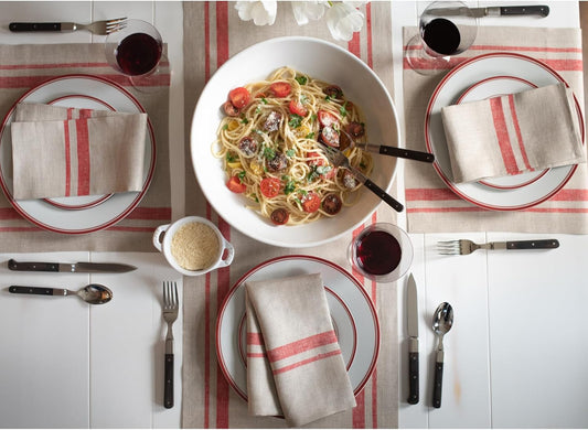 Solino Home Linen Table Runner 132 Inches Long - 100% Pure Linen Red and Natural French Stripe Table Runner 14 x 132 Inch for Dining, Thanksgiving