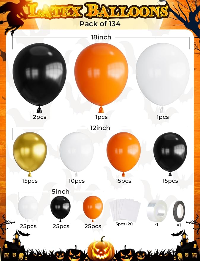 Halloween Balloon Garland Arch Kit, 134 pcs Orange Black White Gold Latex Balloons in Assorted Sizes, Perfect for Halloween Party, Haunted House, Spooky Birthday or Indoor Outdoor Decor