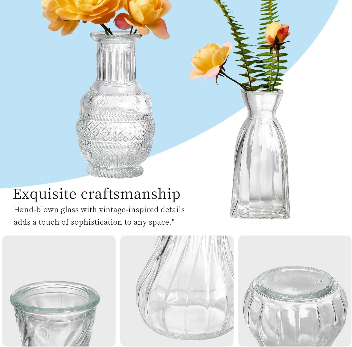 Glass Bud Vases Set of 64 - Assorted Small Mini Glass Vases for Flowers, Crystal Vintage Vase Set, Bulk Centerpieces for Table Décor, Wedding, Home and Events (Clear, 64 Pcs)