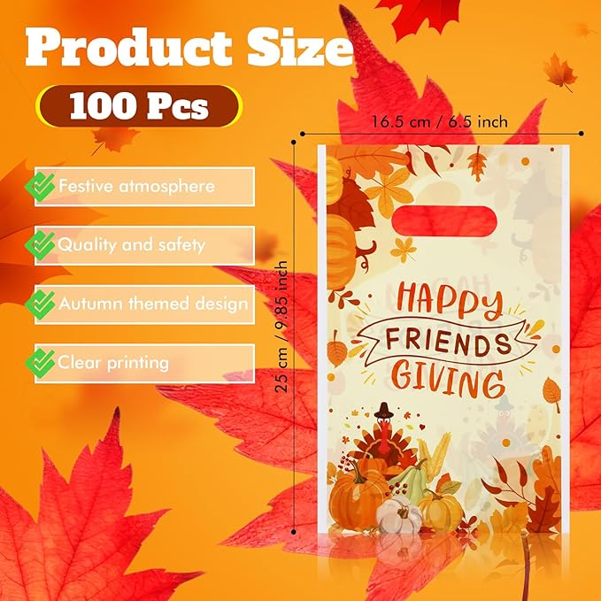 Supervitae 100 Pcs Happy Friendsgiving Plastic Gift Bags Bulk Thanksgiving Party Favor Bags with Handles for Fall Birthdays Weddings Snacks Goodie Candy Treat Party Favors Supplies