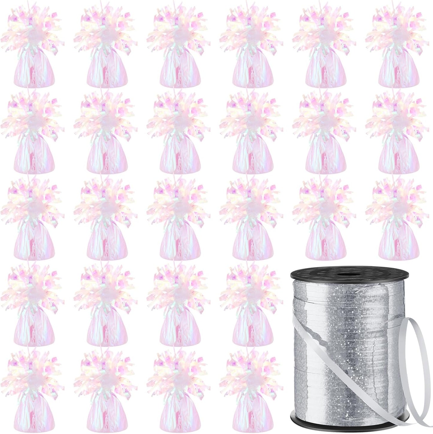24 Pcs Balloon Weights Metallic Anchor Balloon Holder for Helium Balloons Heavy Table Weights and 1 Roll Iridescent Crimped Ribbon for Birthday Wedding Halloween Christmas Party(Dazzling Colors)