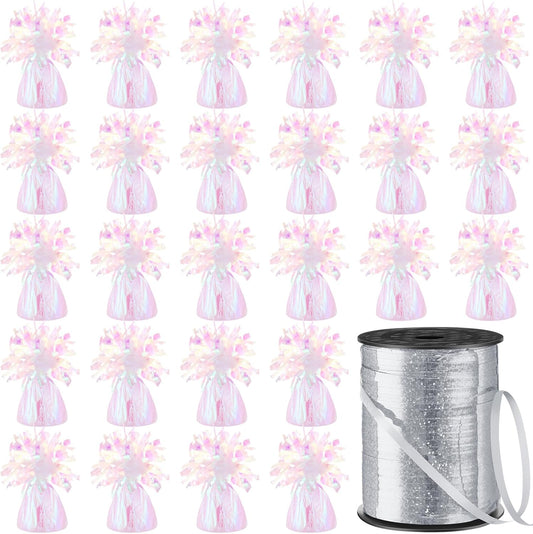 24 Pcs Balloon Weights Metallic Anchor Balloon Holder for Helium Balloons Heavy Table Weights and 1 Roll Iridescent Crimped Ribbon for Birthday Wedding Halloween Christmas Party(Dazzling Colors)