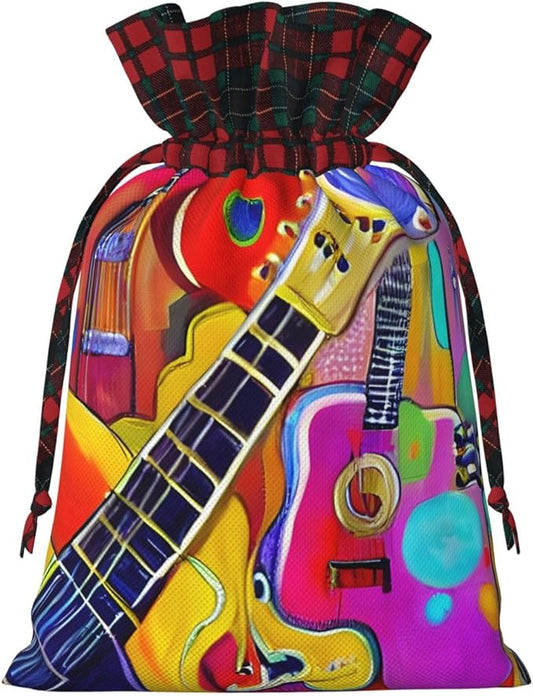 PULaif Color Acoustic And Guitars Christmas Drawstring Gift Bags, Large Size Christmas Bags For Gifts Party Favors, Xmas Gift Bags