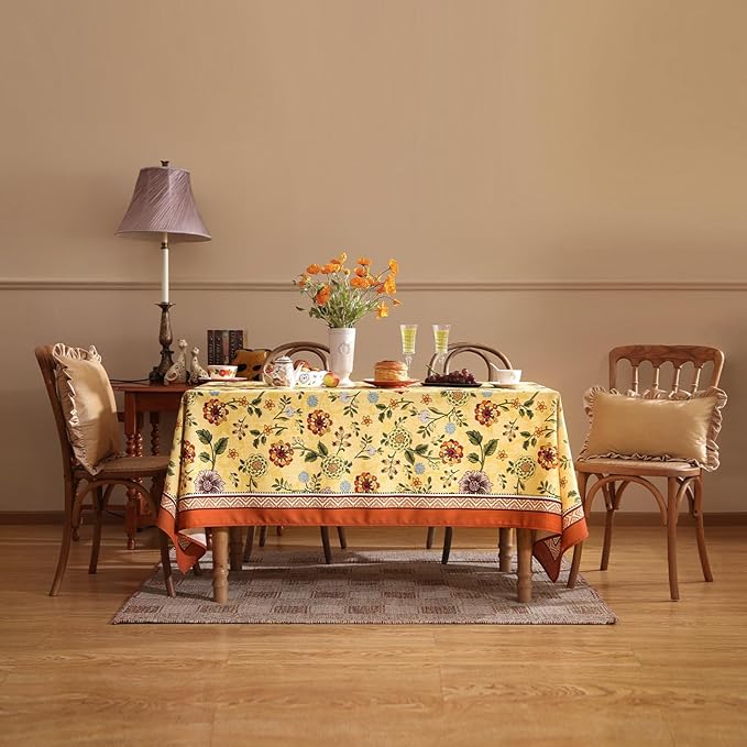 Vintage Linen Tablecloth for Rectangle Table,Yellow Floral French Wrinkle Free Long Tablecloths,Decorative Table Cover for Kitchen,Dining,Thanksgiving,Farmhouse,63" × 102"-Bellano