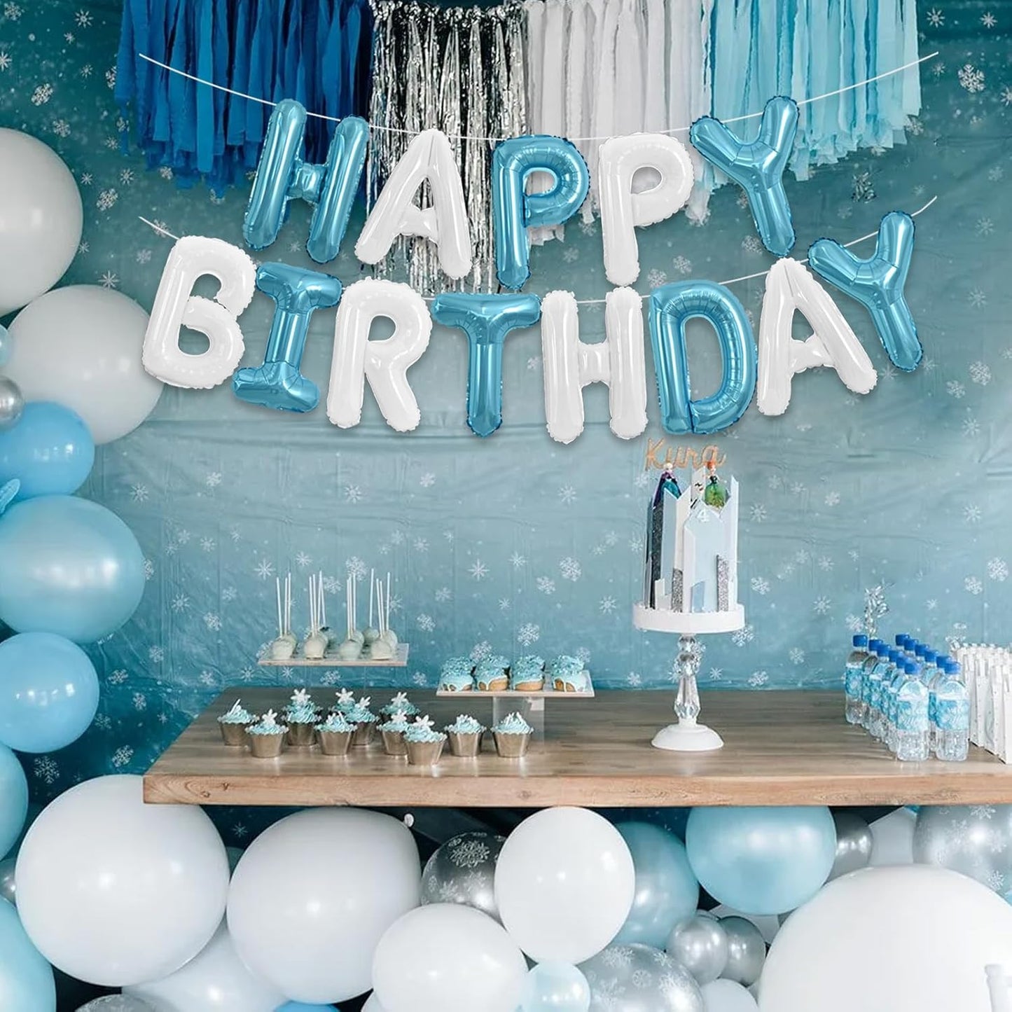 TONIFUL Happy Birthday Balloons Banner 16 Inch Mylar Foil Letters Birthday Sign Reusable for Girls Boys Kids & Adults Birthday Party Decorations Supplies（Light Blue White）