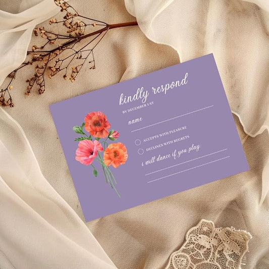 Personalized Wedding RSVP Cards On Glossy Thick Card With Envelope, Personalized Reponse, 5 x 3.5 Inches, Set of 15 Custom Cards with White Envelopes (Purple)