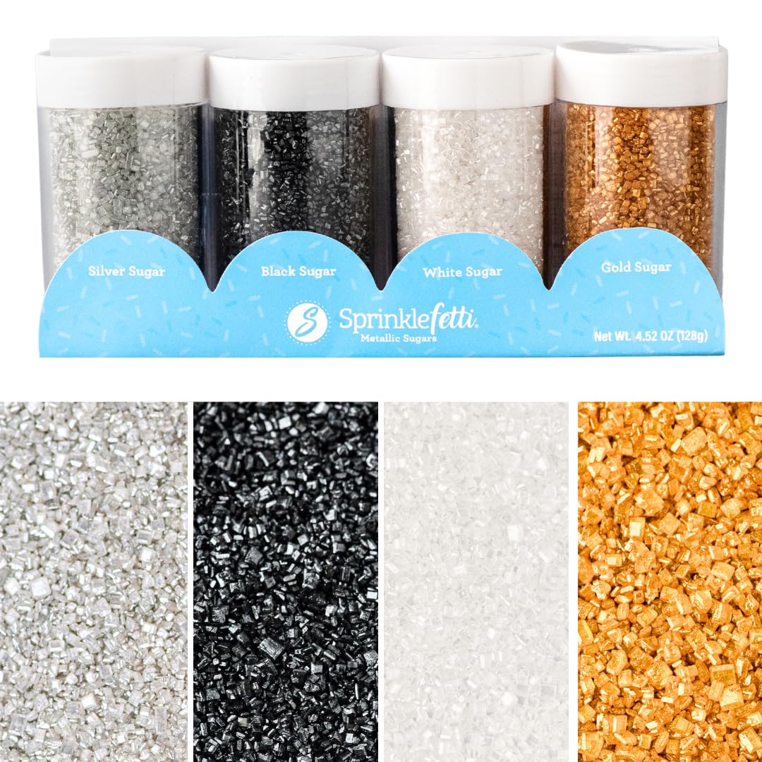 Sweets Indeed Metallic Sugar Crystals 4-Pack – 4.52 oz | Black, Gold, Silver & White Sparkling Sugars in Individual Jars | Premium Baking & Decorating Sugars for Holidays, Parties & Desserts