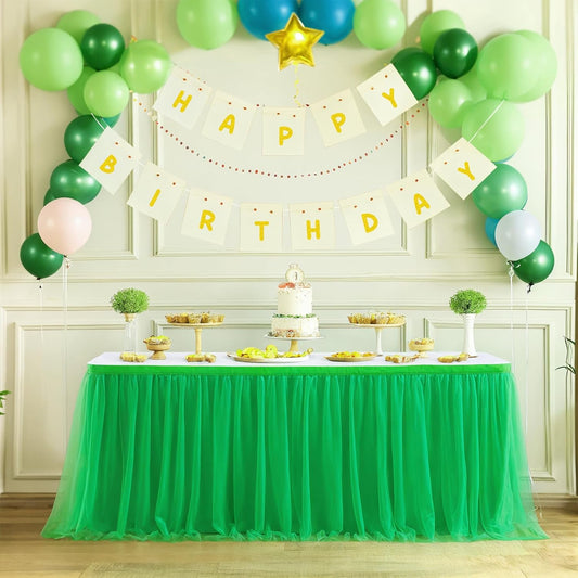 9ft Green Tulle Table Skirts for Rectangle Tables or Round Tables Ruffle Tutu Tablecloth for Birthday Party Baby Shower Jungle Luau Animal Safari Theme Party Table Decorations