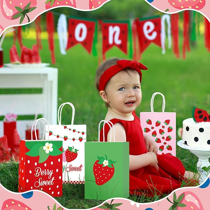 Outus 24 Pcs Strawberry Party Favor Bags Summer Strawberry Gift Bags Cute Strawberry Goodie Candy Paper Bags with Handles for Kids Berry First Birthday Party Supplies Baby Shower Wedding Decoration