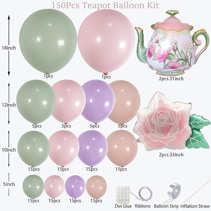 Tea Party Balloon Garland Kit 150Pcs – Pink Sage Green Pastel Purple Balloons with Teapot & Floral Foil – Garden Party Decorations, Baby Shower, Bridal Shower, High Tea, Let's Partea Decor