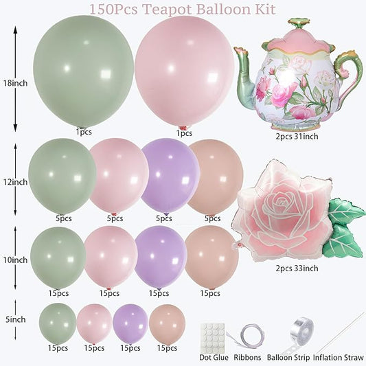 Tea Party Balloon Garland Kit 150Pcs – Pink Sage Green Pastel Purple Balloons with Teapot & Floral Foil – Garden Party Decorations, Baby Shower, Bridal Shower, High Tea, Let's Partea Decor