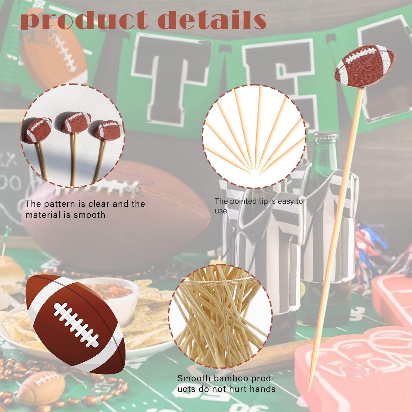 100pcs Football Cocktail Picks Decorative Toothpicks Fruit Sandwich Skewers Dessert Sticks for Rugby Ball Super Bowl League Sports Catered Events Decorations Party Supplies