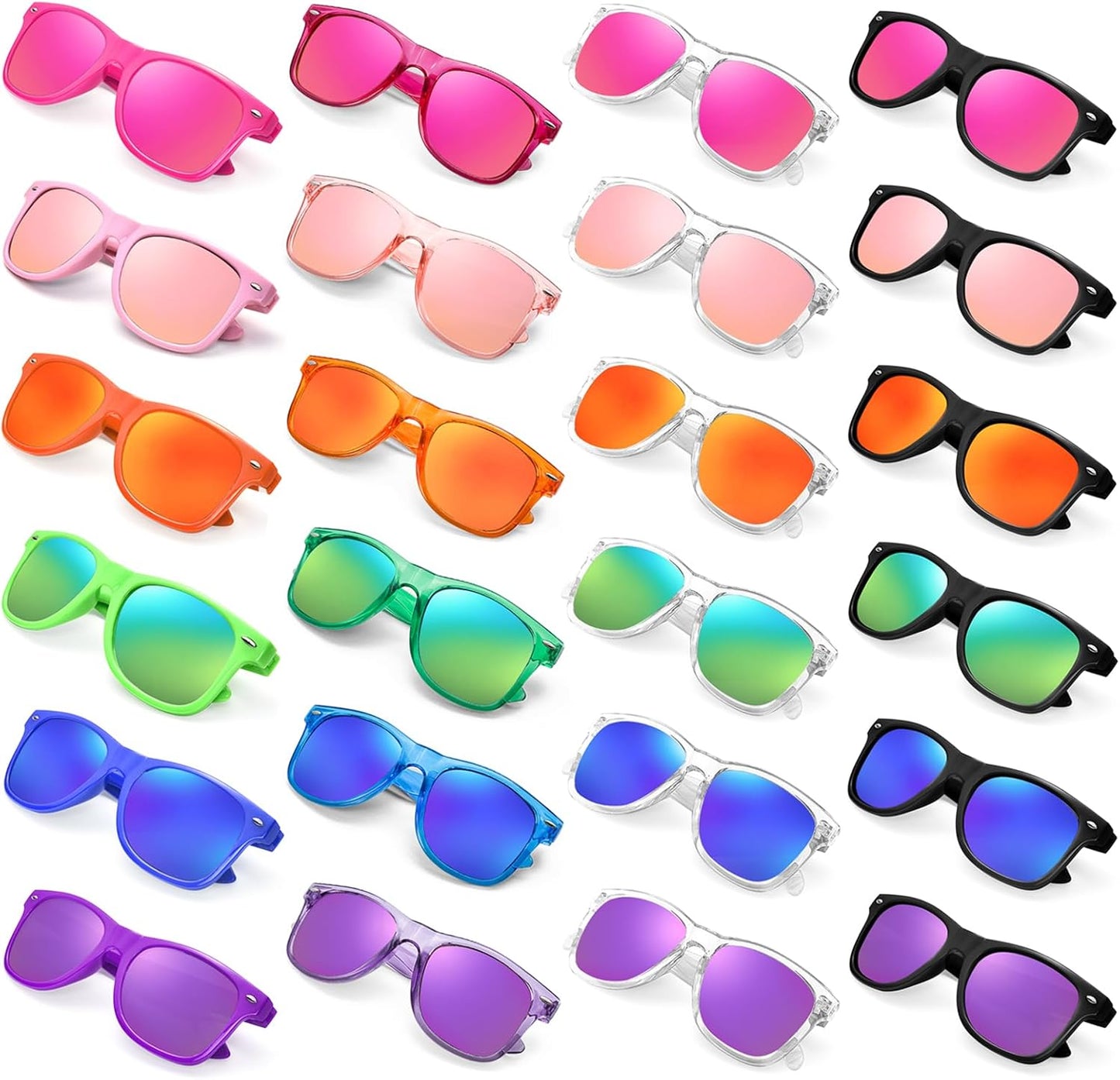 SUNOVELTIES 12/24 Pack Neon Party Sunglasses Mirrored/Jelly Lens Bulk Glasses Horn Rimmed Eyewear for Men Women
