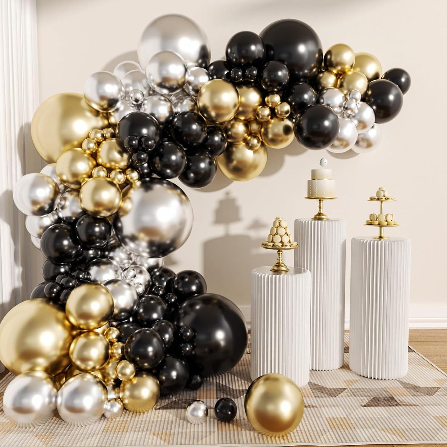 62Pcs12Inch Black White Metallic Gold Balloons Arch Kit, Matte Black White Gold Confetti Party Balloons with Ribbons for Birthday, Wedding, Baby Shower, Graduation, Eucalyptus Party Decorations