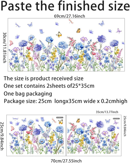 2 Pieces Purple Flowers Wall Decals Vinyl Hydrangea Wall Stickers Removable Floral Art Murals Peel and Stick Colorful Butterfly Decor for Girls Bedroom Living Room Nursery