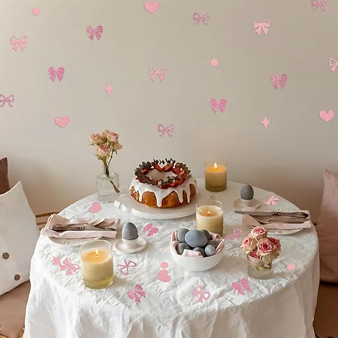 240 Pcs Pink Bow Confetti, Bow Theme Glitter Table Scatter for Coquette Baby Shower and Birthday Party Decoration (Pink)