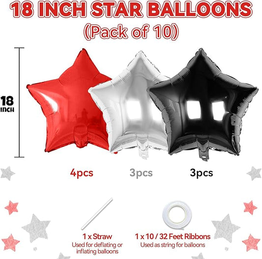 Red Black Silver Star Foil Balloons, 10PCS Foil Stars Shape Balloon, 18 Inch Red and Black Stars Balloons for Helium Pentagram Balloon for Kids Boys Birthday, New Years, Graduation Party Decorations