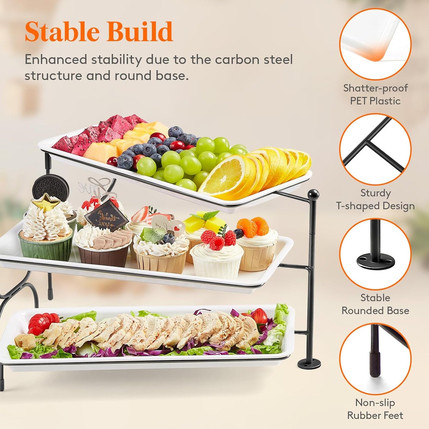 Lifewit 3 Tier Serving Tray, 14" x 6.5" White Plastic Tiered Food Serving Platters, Rotatable Tiered Tray Stand for Party with Black Collapsible Metal Stand, Dessert Table Stands for Cookies, Crackers