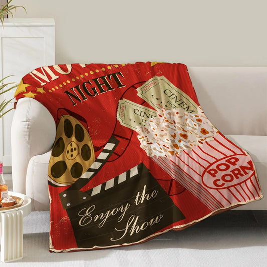 Movie Theme Blanket Gifts for Women Men Girls Boys Cinema Popcorn Film Reel Print Presents for Kids Adults Teen Birthday Christmas Decor Bedroom Living Room Couch Sofa Soft Cozy Flannel Throw 60"x50"