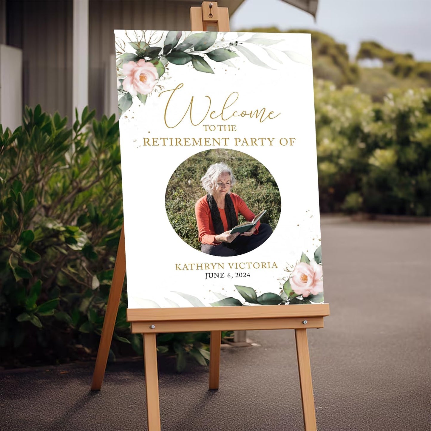 Greenery Retirement Welcome Sign - Modern Celebration Photo Sign for Outdoor Events