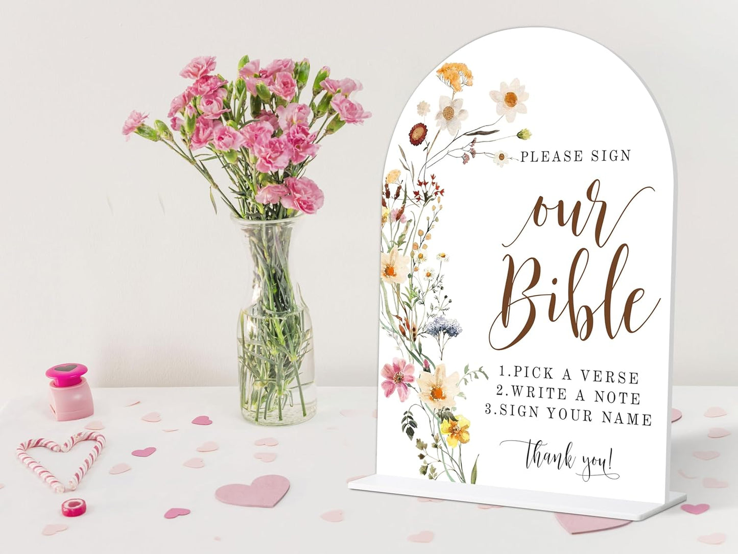 Wedding Bible Guest Book Sign, Flower Style Bridal Shower Signs for Engagement, Bridal Shower and Reception, Bridal Shower Decorations, Wedding Shower Favors, 6X8 Inch Acrylic Arch Sign with Stand,11