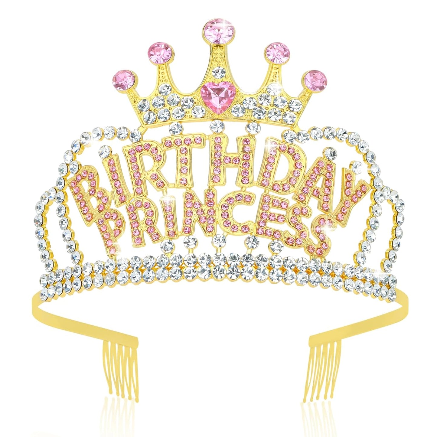 Wecoe Birthday Crown Gold Princess Rhinestone Tiara with Combs Happy Birthday Party Favors Pink Decorations 16th 18th 21st 25th Gifts for Her