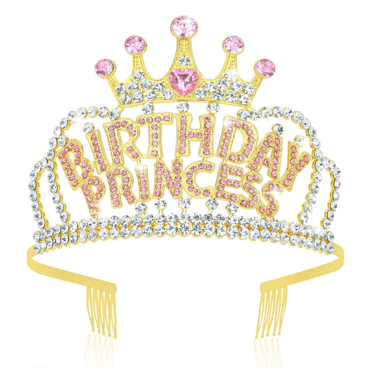 Wecoe Birthday Crown Gold Princess Rhinestone Tiara with Combs Happy Birthday Party Favors Pink Decorations 16th 18th 21st 25th Gifts for Her