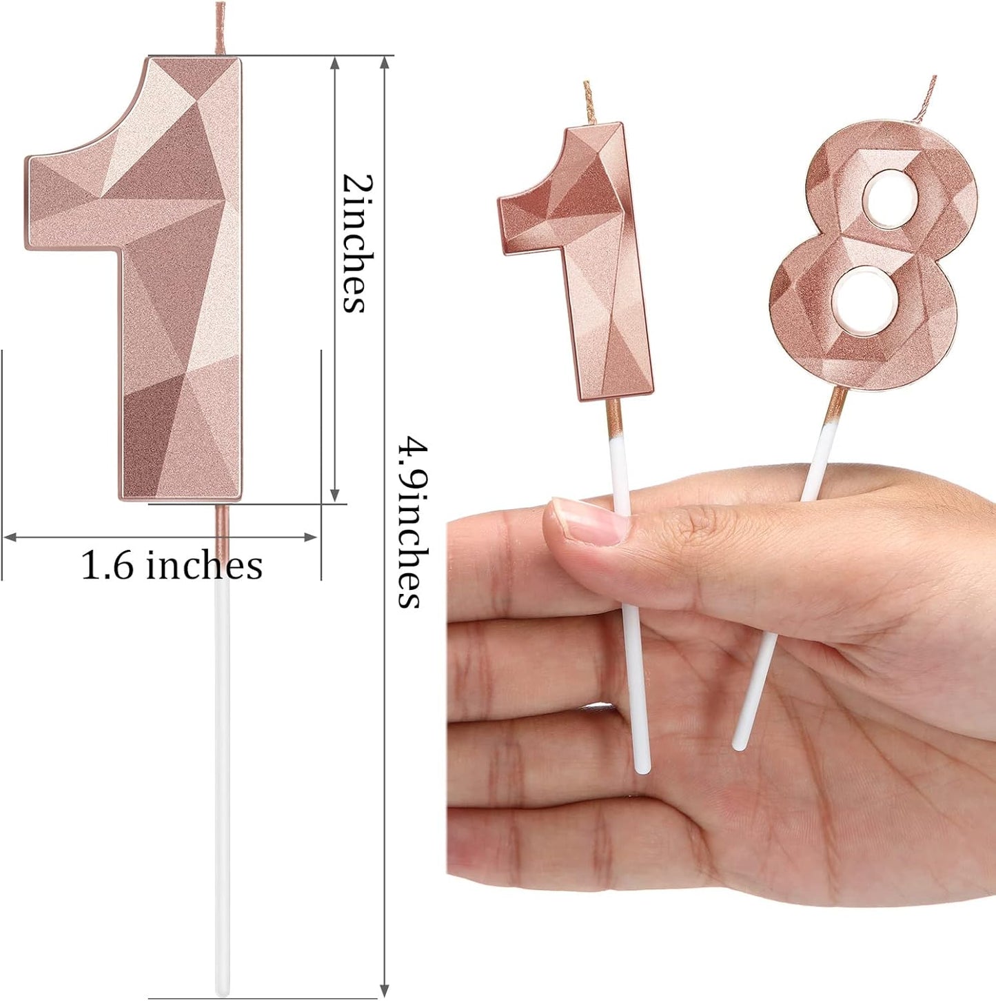18th Birthday Candles, Rose Gold 3D Diamond Shape Number 18 Candles Happy Birthday Cake Topper Decoration for Wedding Decor Theme Party Anniversary, 2 Inch