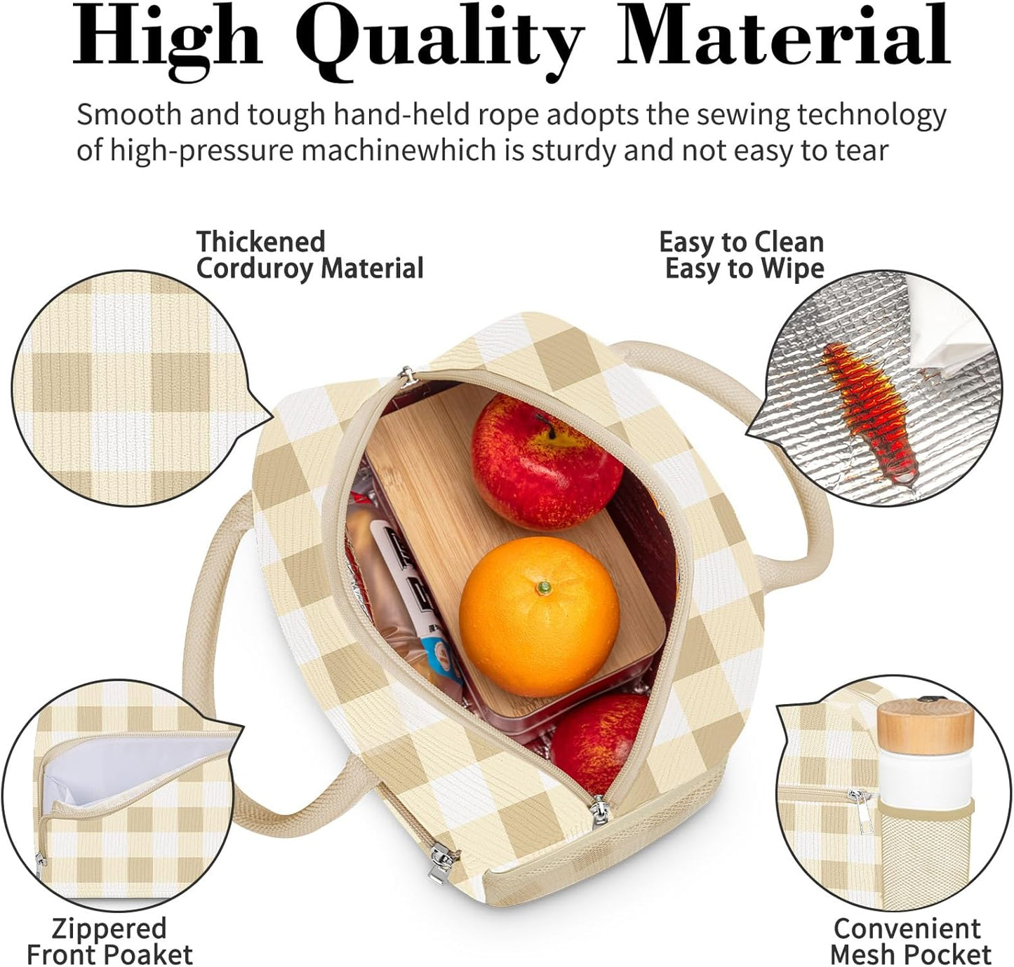 Coobiiya Lunch Bag for Women Men, Cute Corduroy Lunch Tote Bags Insulated Reusable LunchBox Large Capacity Cooler Bag for Work Travel Picnic