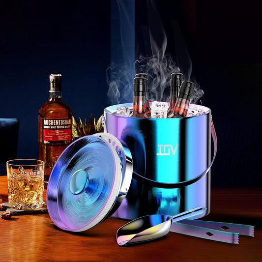 IOV Ice Bucket with Lid, Scoop, Tongs, and Strainer, 3 L Stainless Steel Double Wall Insulated Ice Bucket for Parties, Keeps Ice Frozen Longer, Ideal for Cocktail Bars, Freezers, and Wine - Rainbow