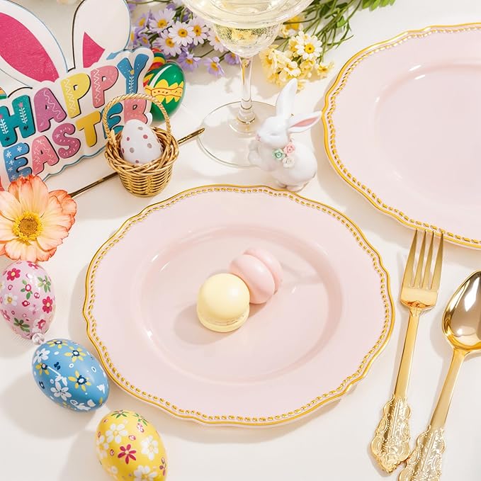 Hioasis 60pcs Pink Plastic Plates - Pink and Gold Disposable Dinnerware with Gold Rim, Heavy-duty, 10.25 inch, Dinner Plates for Party & Easter