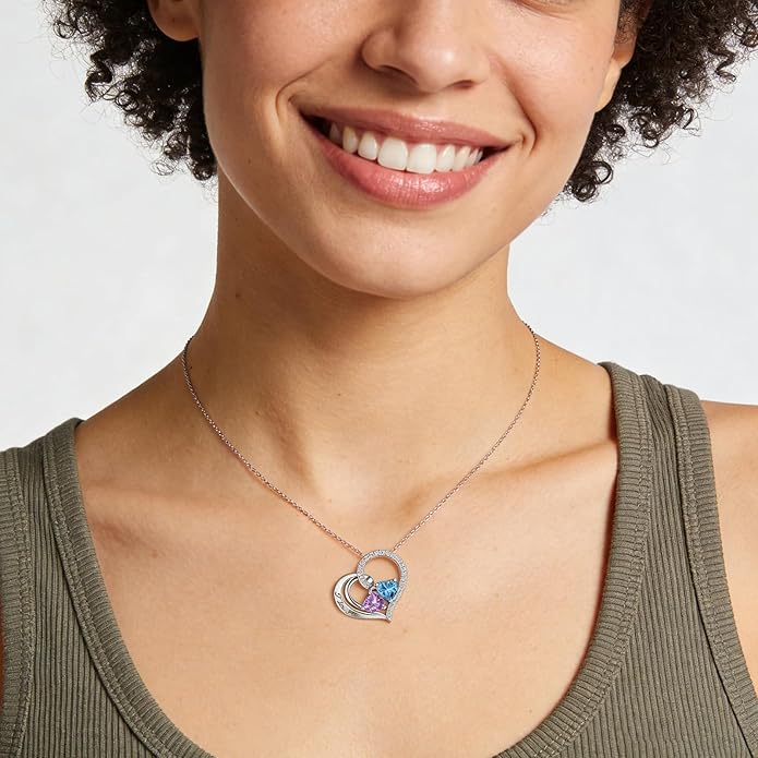 Double Birthstone Heart Necklace 0.8CT Dual-Gemstone S925 Sterling Silver Plated White Gold Engraved I Love You Perfect Anniversary/Valentine's Day Gift for Wife/Girlfriend/Mom/Daughter