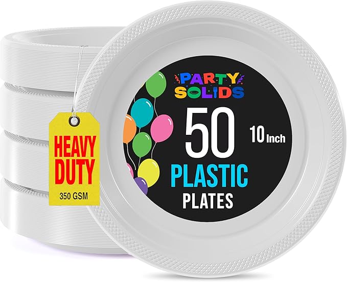 Exquisite Party Solids White Plastic Plates For Party Supplies 10" White Disposable Plates Heavy Duty 50 Pcs Plastic Dinnerware Sets Heavy Duty 350 GSM Disposable Dinnerware Set