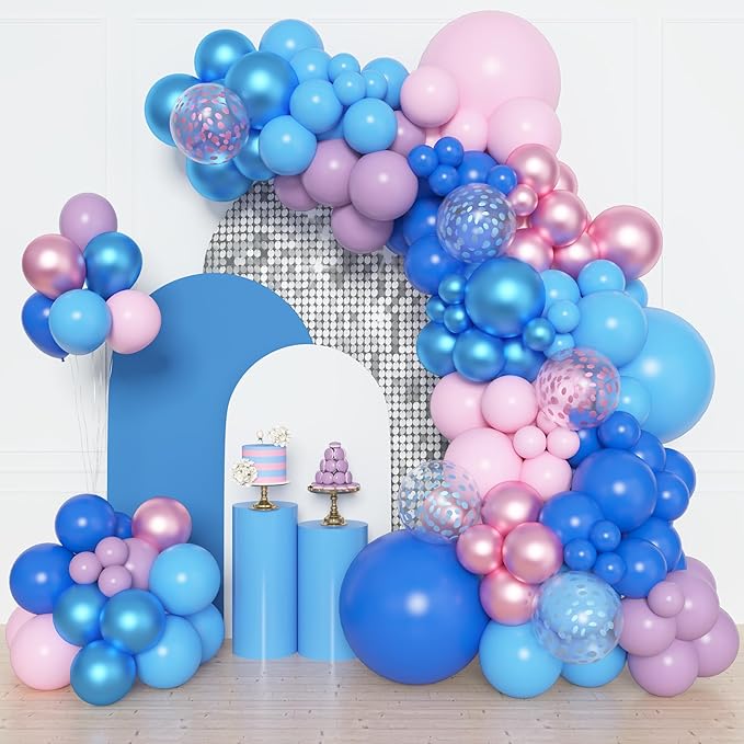 Amandir 153pcs Pink and Blue Balloon Arch Garland Kit, Different Sizes 18 12 10 5 inch Pastel Blue Pink Purple Confetti Balloons for Boys Girls Shower Pool Summer Party Gender Reveal Decorations