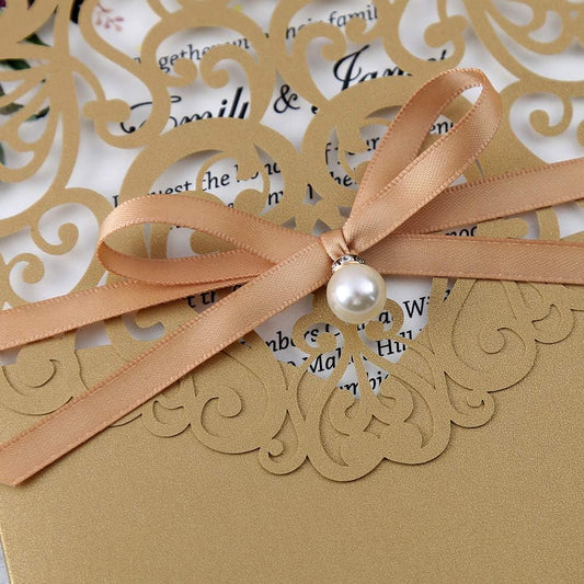 5X7.2 Inch 50PCS Personalized Laser Cut Gold Wedding Invitations With Rsvp Cards And Envelopes And Ribbon Belly Band Pearl Embellishments Wedding Invitation Cards For Wedding Invite