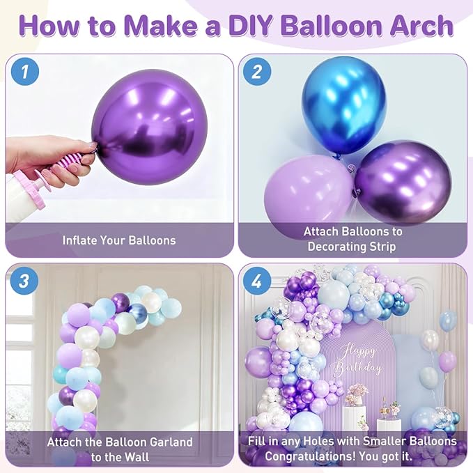 167Pcs Purple Blue Balloons Garland Arch Kit with Snow Confetti Different Sizes 18 12 10 5 inch for Princess Winter Wonderland Girl Baby Shower Birthday Wedding Party Decorations