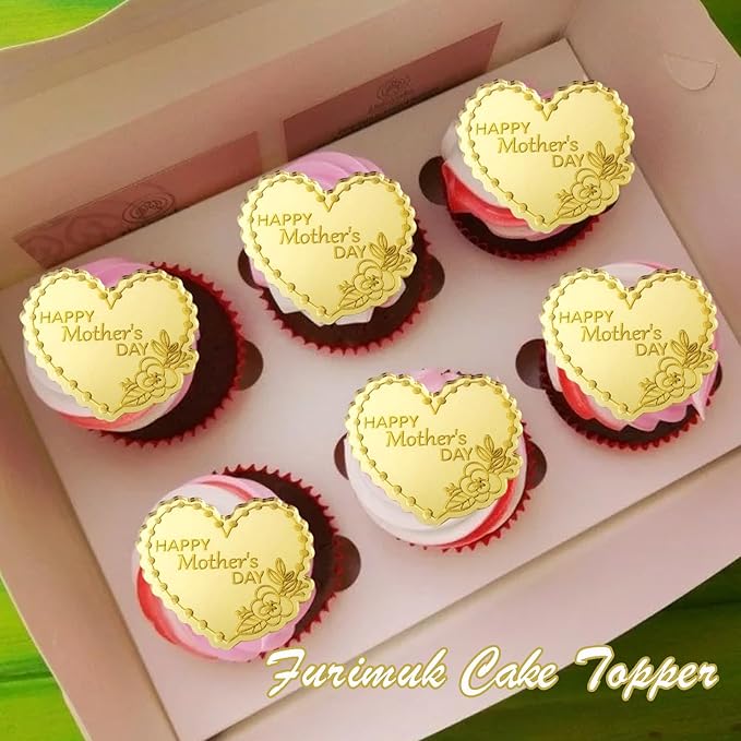 Furimuk 20 Pcs Mother's Day Heart Cake Topper, Gold Acrylic Mirror, Happy Mother's Day Cake Topper, Cupcake Decorations