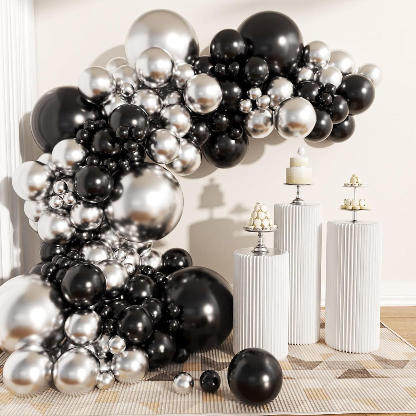 62Pcs 12Inch Black White Silver Balloons Arch Kit, White and Black Metallic Silve Confetti Party Balloons with Ribbons for Birthday, Wedding, Baby Shower, Graduation Decorations