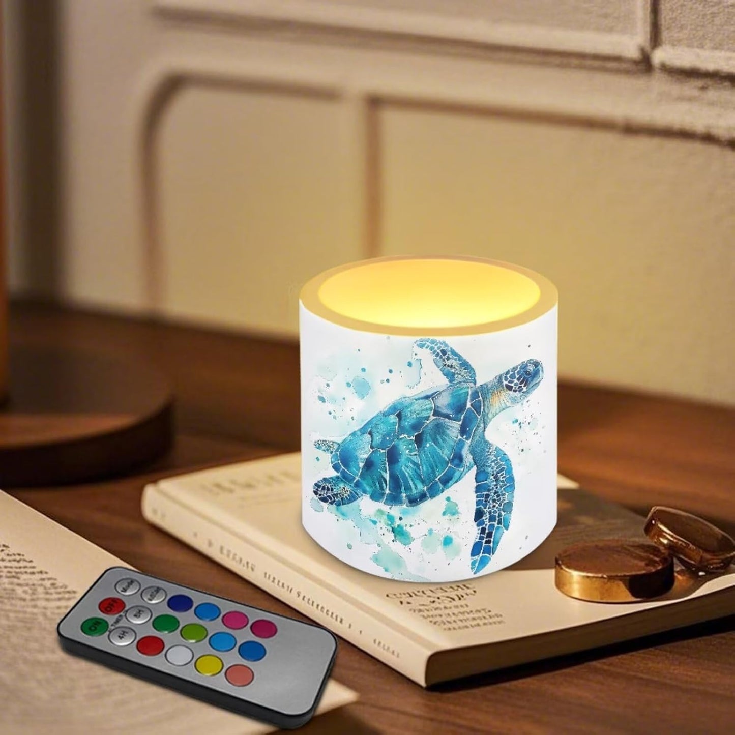 Poceacles LED Flameless Candles Set of 4 Multi-Color Battery-Powered Candles with Remote and Timer, Tea Light for Weddings Parties Decorations, Watercolor Sea Turtle Blue White
