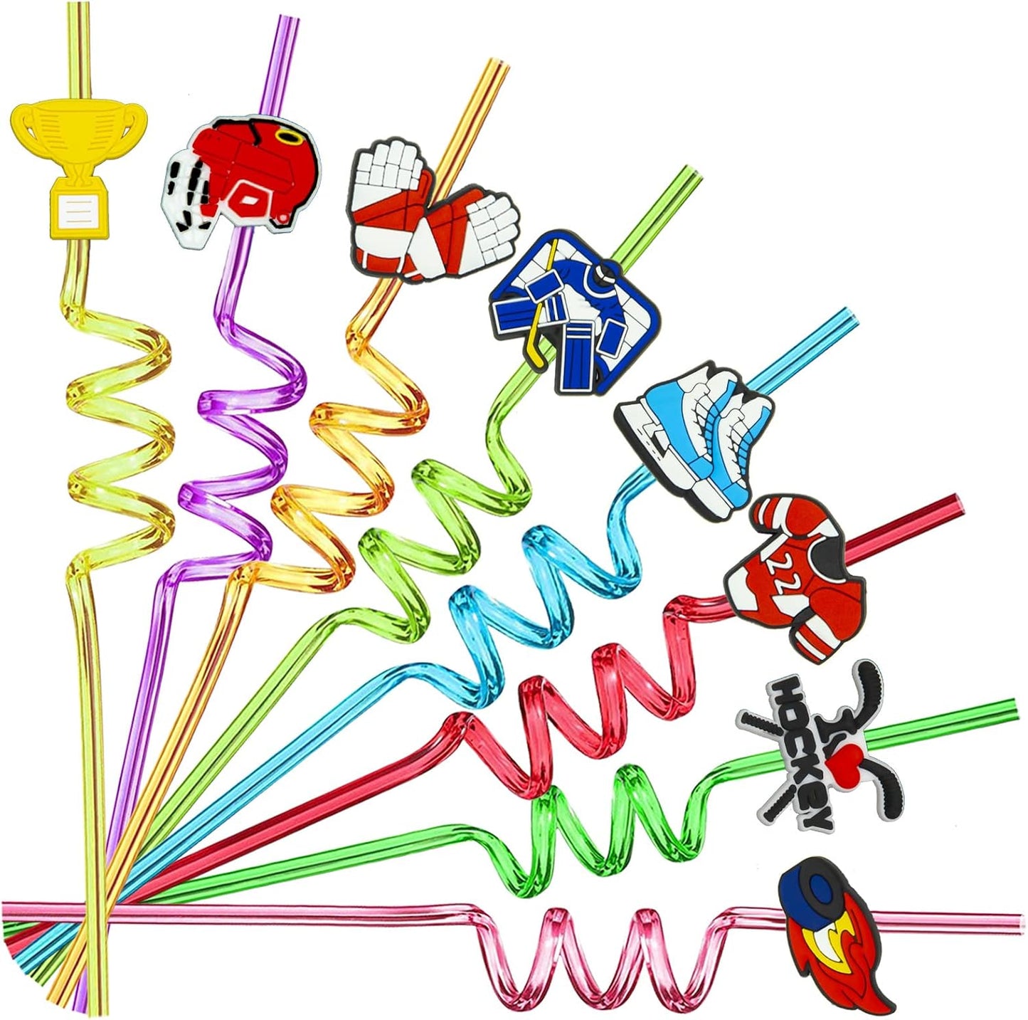 24 pcs Ice Hockey Theme Twisty Reusable Straws for Ice Hockey Sports Party Favors, Daily Drink Straws, Birthday Party, Class Reunion, Sports Hockey Party Supplies with 2 Cleaning Brush.（8color）