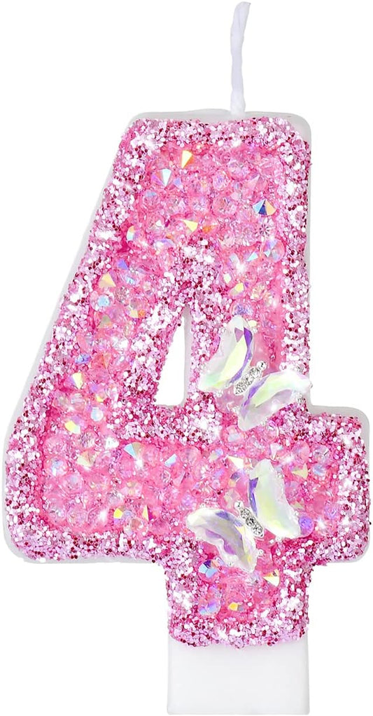 Birthday Candles, Number Candles for Birthday Cakes with Butterfly, Pink Birthday Candles Sparklers, 3.2" Cake Candles for Cake Topper Decoration, Party/Festival Celebration(Number 4)