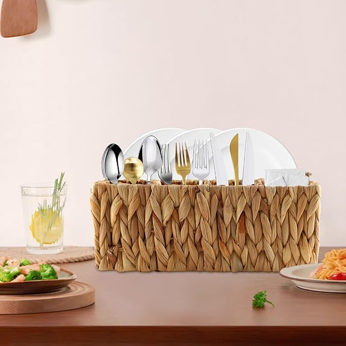 Silverware Organizer,Hand-Woven Wicker Kitchen Utensil Caddy with Handle,Cutlery Holder for Party Camping,Flatware Spoon Condiment Basket,Water Hyacinth Utensil Holder for Kitchen Counter