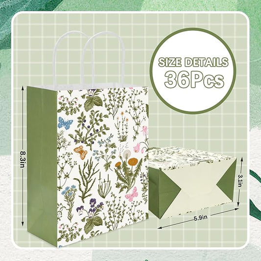 36Pcs Sage Green Wildflower Paper Gift Bags Vintage Wild Floral Party Favor Bags with Handles Decorative Goodie Candy Treat Bags for Spring Wedding Baby Shower Birthday Party Supplies